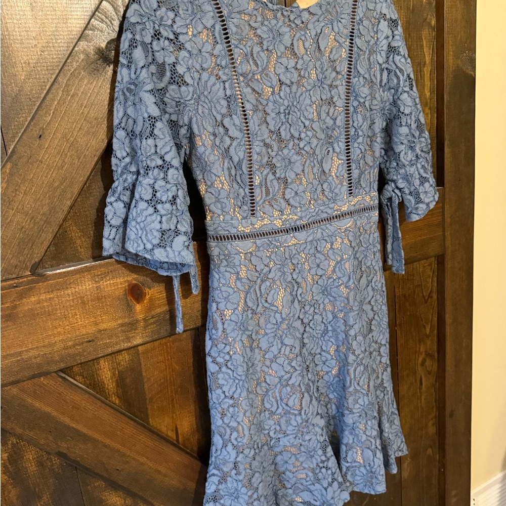 Blue Lace Dress with Tie Sleeves